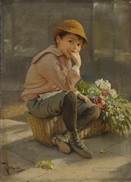 Karl Witkowski Painting - Guardando la cesta de flores Karl Witkowski
